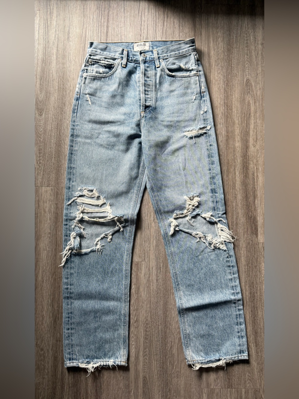 Agolde Washed Light Blue Ripped Straight Leg Jeans